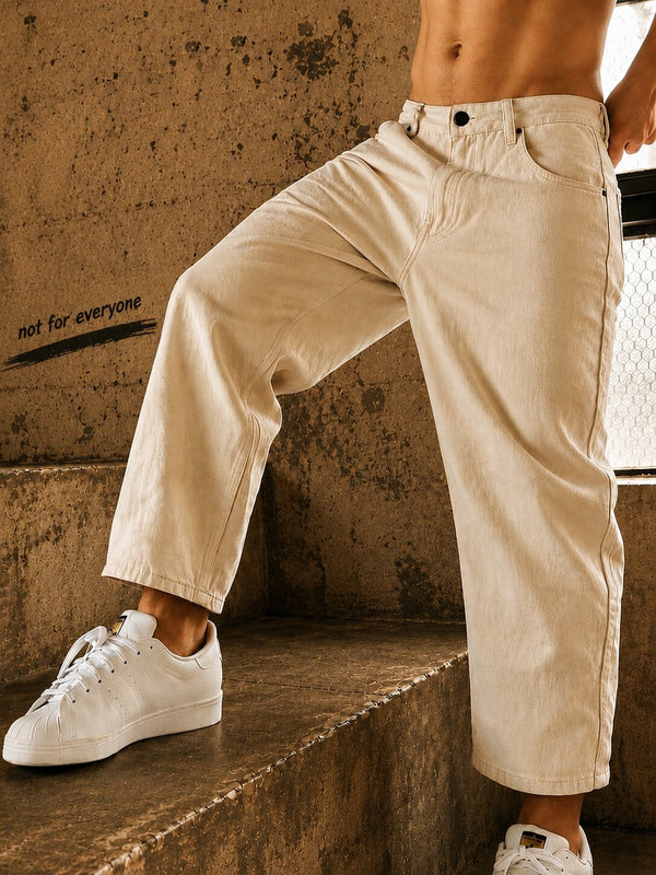 Men Ecru Loose Cropped Jeans