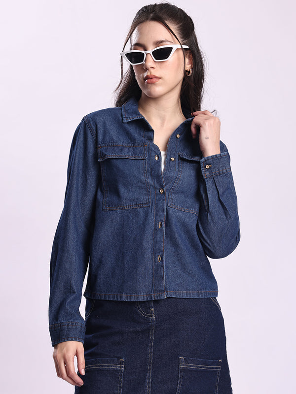 Women Solid Blue Regular Fit Shirt