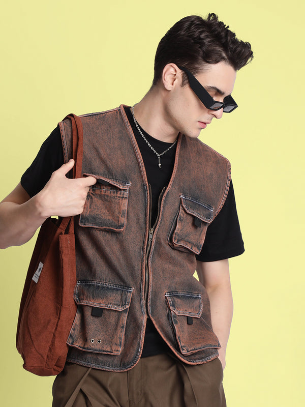 Men Utlity Pocket Orange Tinted Sustainable Denim Jacket