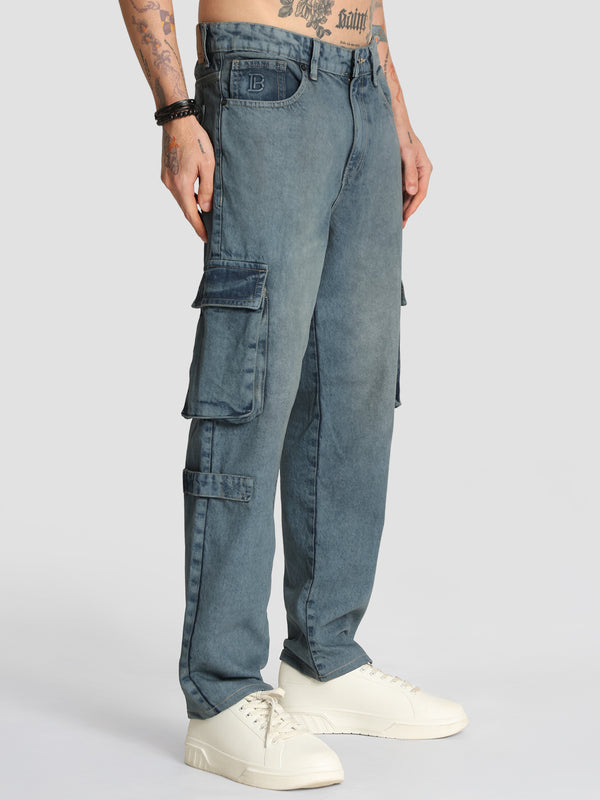 Men Mid-Rise 7 Cargo Pocket Relaxed Fit Denim Jeans