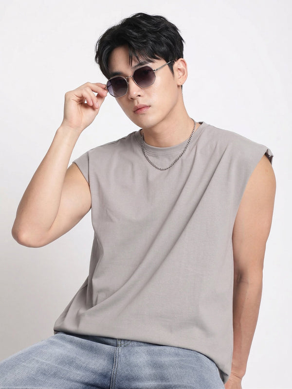 Men Grey Solid Sleeveless Raw Edge Oversized T-shirt