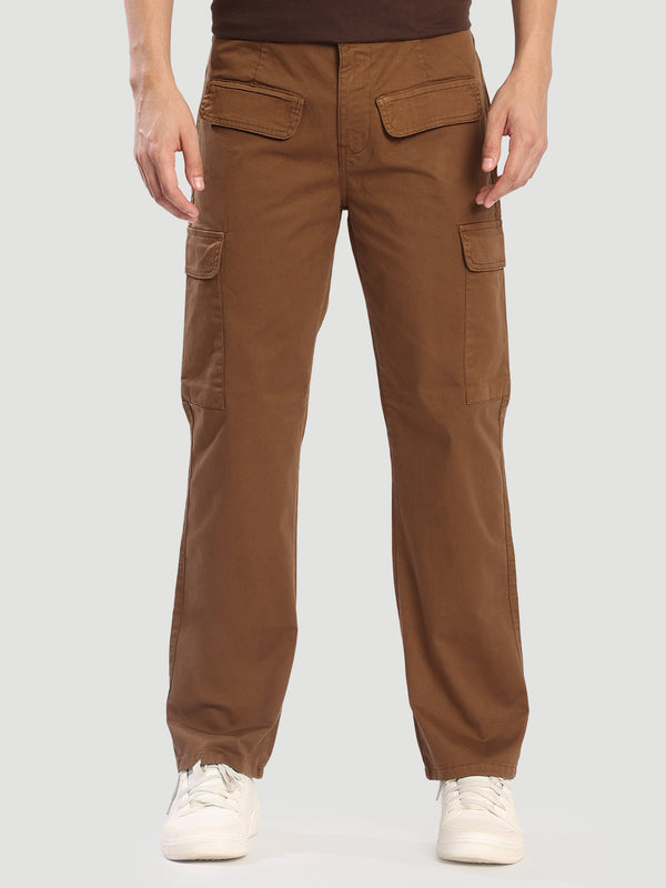 Men Brown Relax Fit Cargo Trousers with Stylized Waist band
