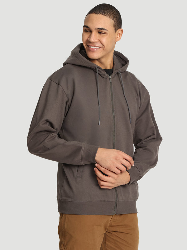 Men Relaxed Grey brushed fabric front zipper hoodie