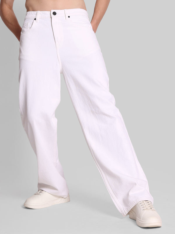 Men White Solid Wide-Leg Denim Jeans