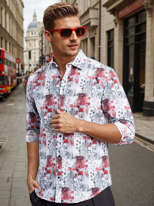 Men Grey and Red Abstract Print Slim Fit Shirt