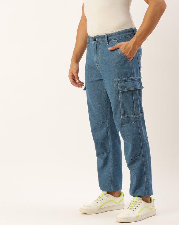 Men Blue Relaxed Fit Denim Cargo Jeans