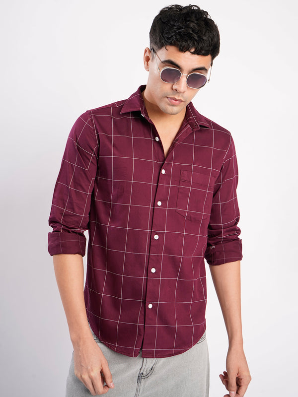 Men Maroon Checked Single Pocket Shirt