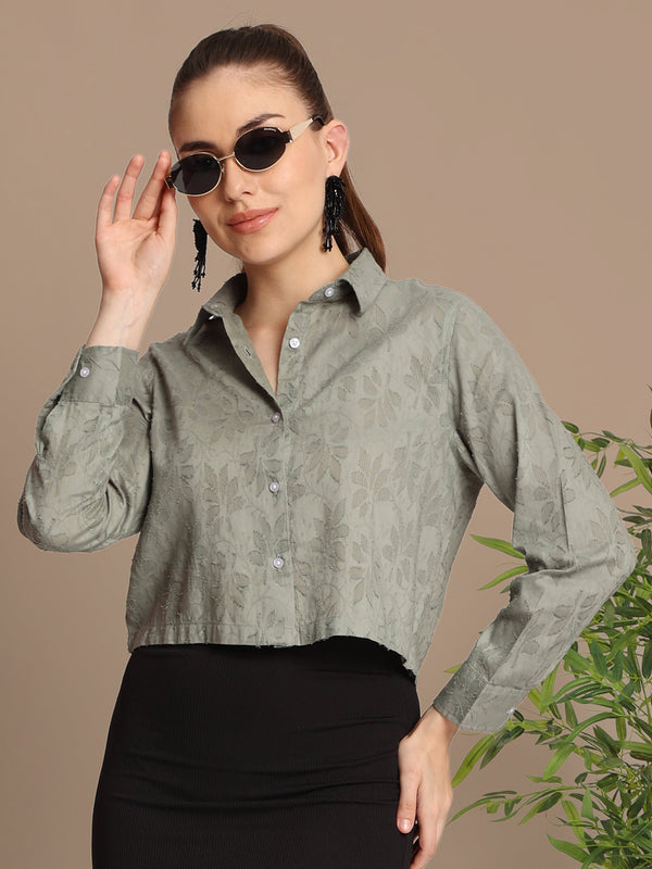 Women Solid Relaxed Fit Floral Textured Crop Shirt