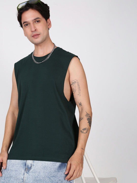 Men Round Neck Sleeveless Relaxed Fit Cotton T-shirt