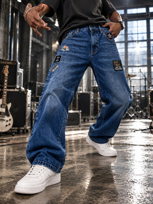 Men Blue Relaxed Fit Badge Jeans
