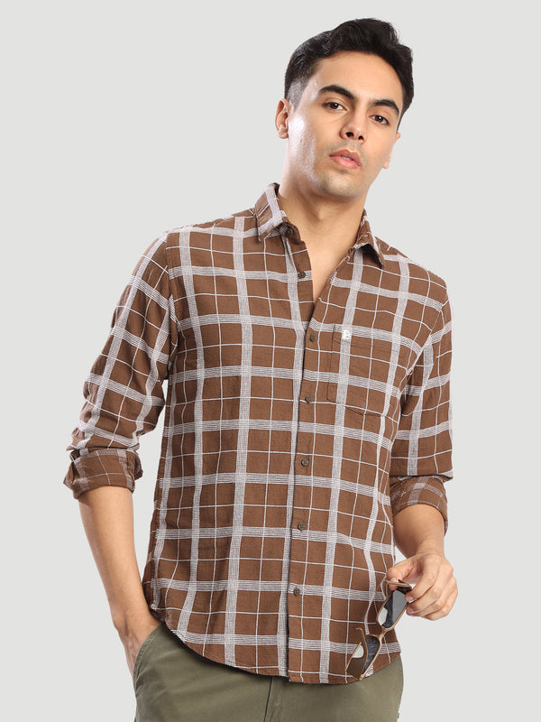 Mens Brown Checked Brand embroidery Regular fit Casual Shirt