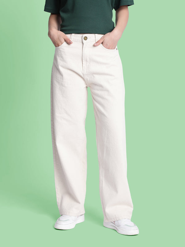 Women Ecru Solid Baggy Fit Denim Jeans