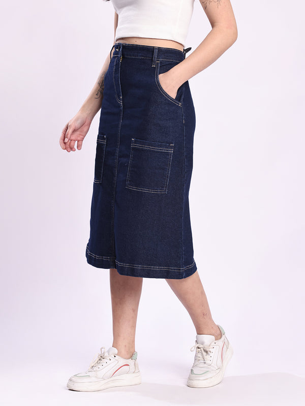 Women Blue A-Line Cargo Denim Skirt