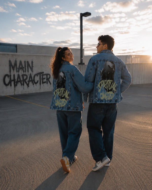 Unisex Mood Switch Oversized Denim Jacket with Swappable Graphic Patch