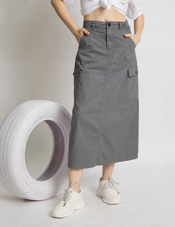 Women Pure Cotton Solid Grey  A-Line High Rise Cargo Midi Skirt