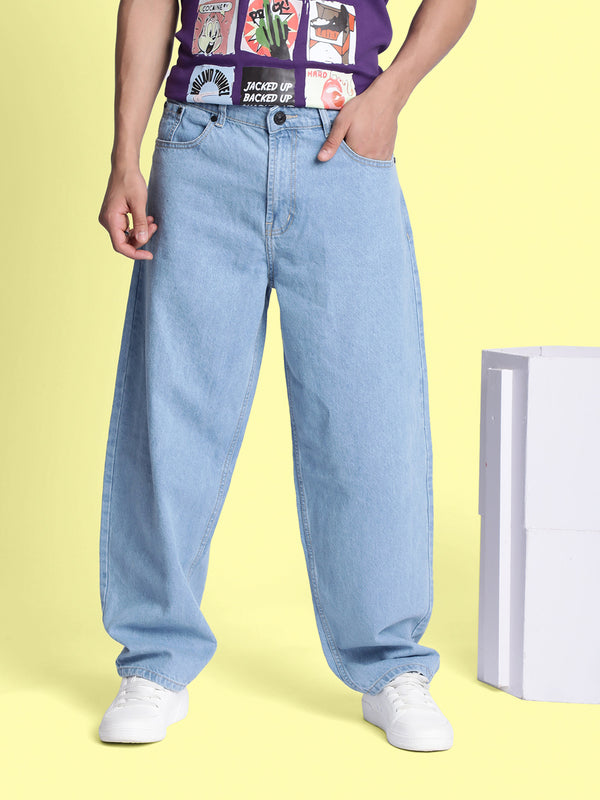 Men Solid Light Blue Barrel-Fit Jeans