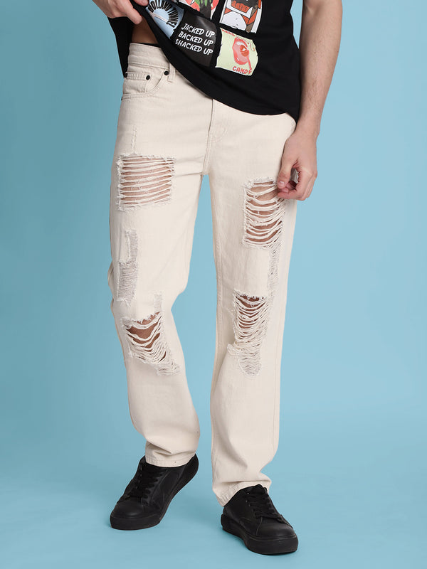 Men Ecru Heavy Distressed Relaxed Fit Jeans