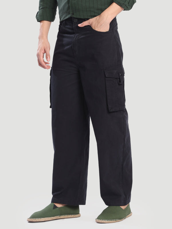Men Black Solid Cargo Baggy Fit Trouser