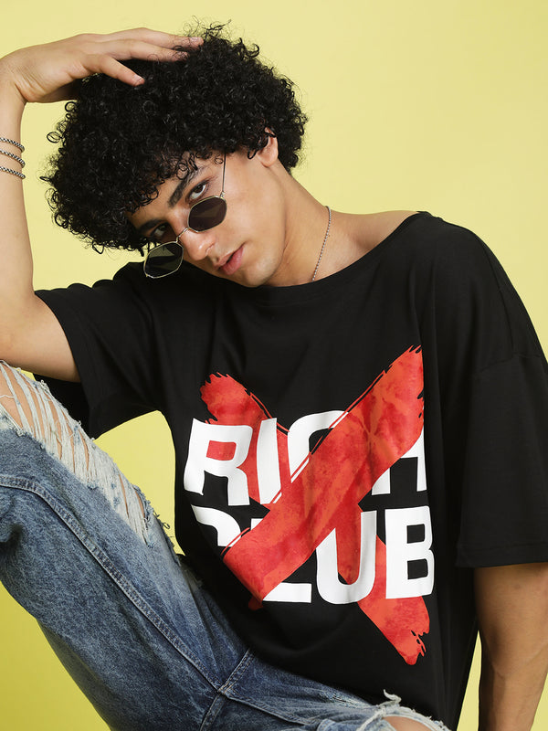 Men Black Typography Printed Oversized T-Shirt