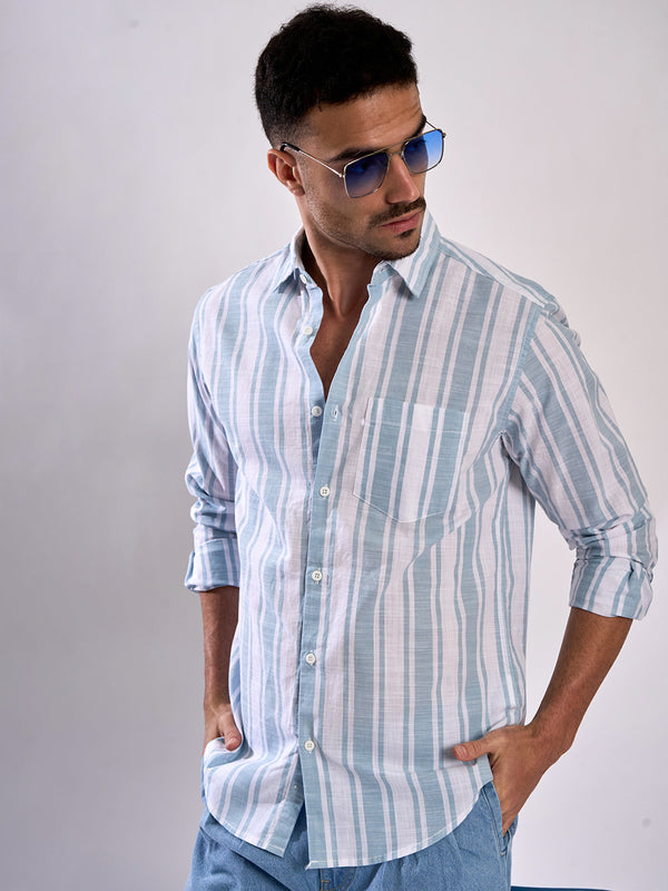 Men Turquoise Striped Single Pocket Shirt