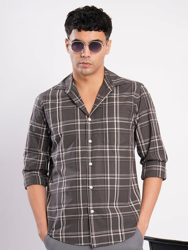Men Grey Checked Single Pocket Shirt