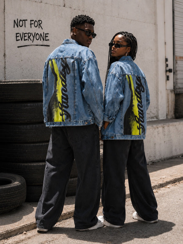 Unisex Mood Switch Oversized Denim Jacket with Swappable Graphic Patch