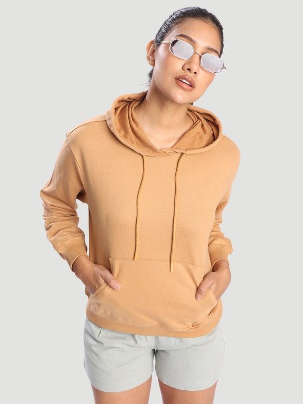 Women Solid Camel Kangaroo Pocket Hoodie