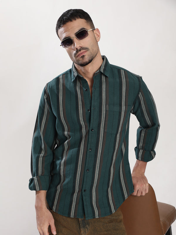 Men Green Striped Single Pocket Shirt