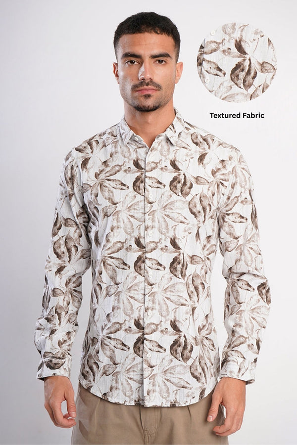 Men White and Brown Floral Printed Slub TextureShirt