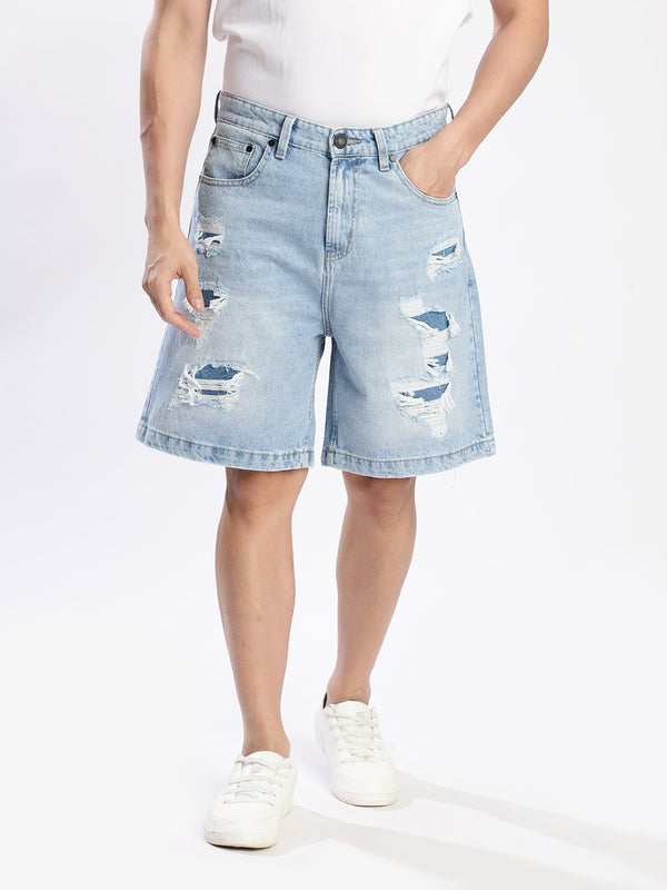Men Light Blue Baggy Medium-Distress Denim Shorts