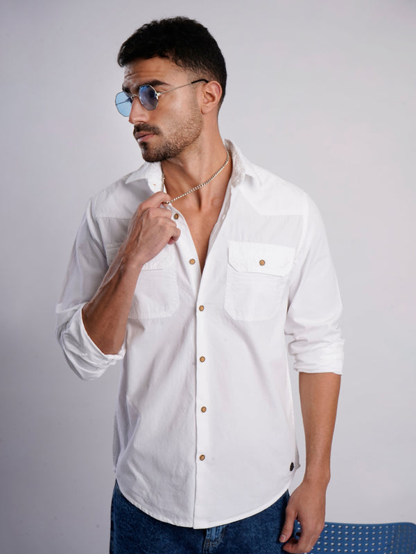 Men White Double Pocket Full sleeve shirt