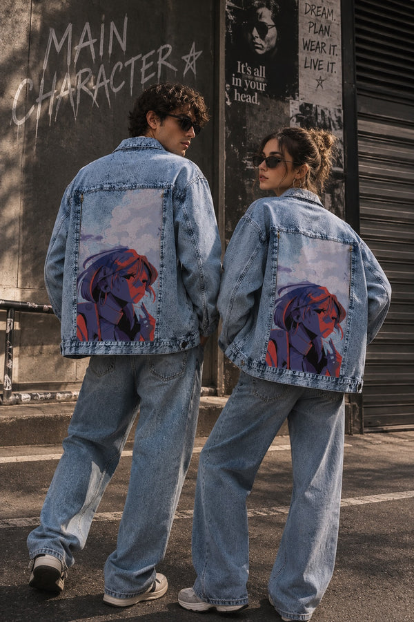 Unisex Mood Switch Oversized Denim Jacket with Swappable Graphic Patch