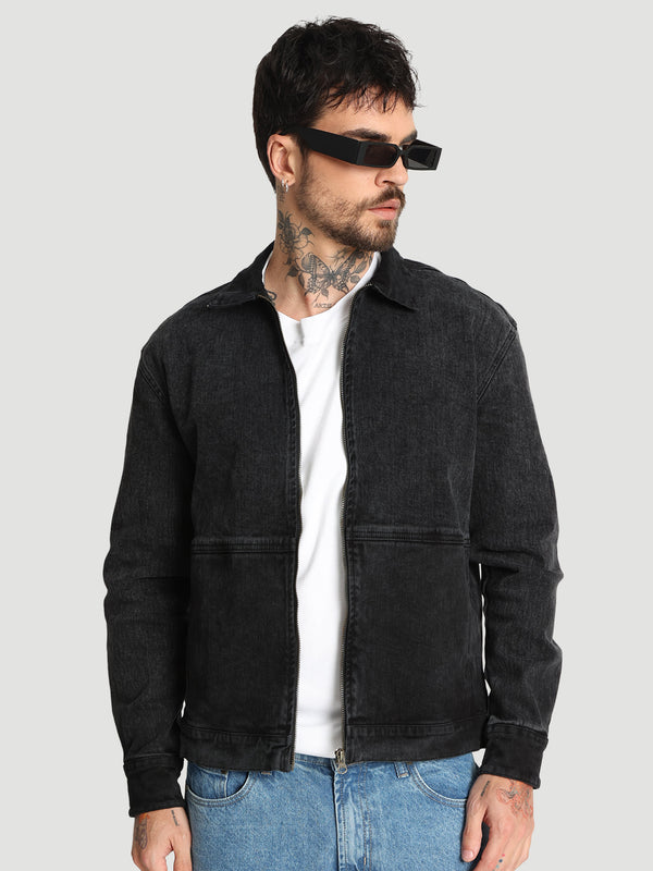 Men Relax fit Charcoal Cotton lycra Denim jacket with front zipper