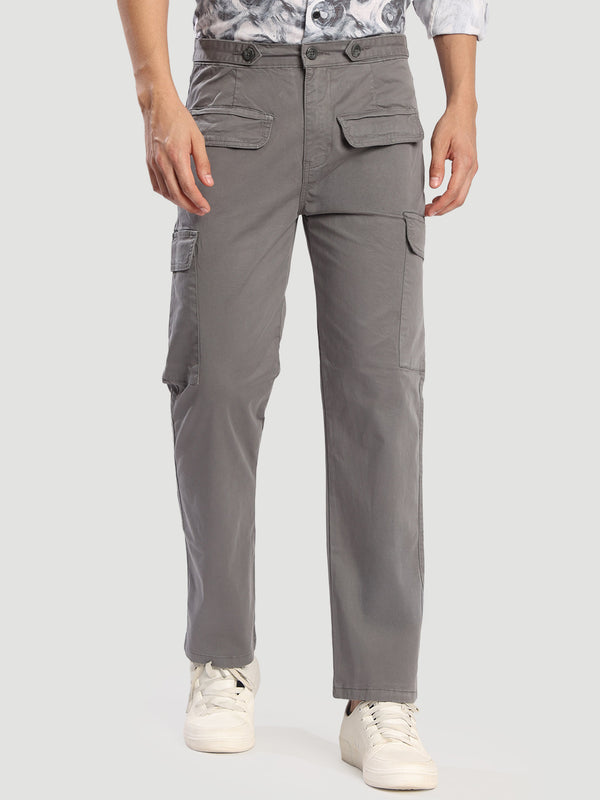 Men Grey Relax Fit Cargo Trousers with Stylized Waist band