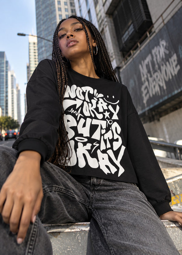 Women Black Typography Printed Cropped Sweatshirt