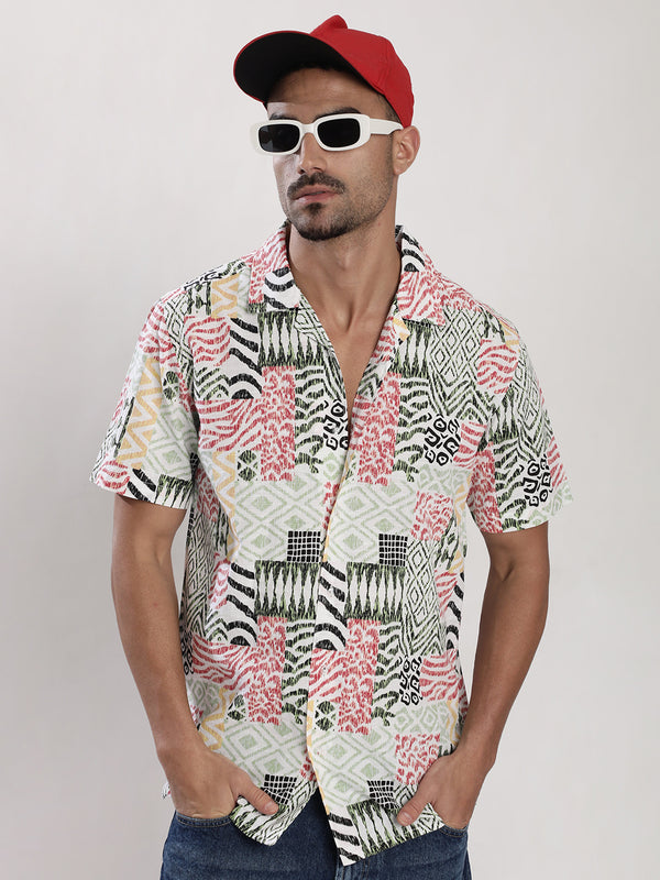 Men Multi Color Slub Texture Cotton Resort Collar Shirt