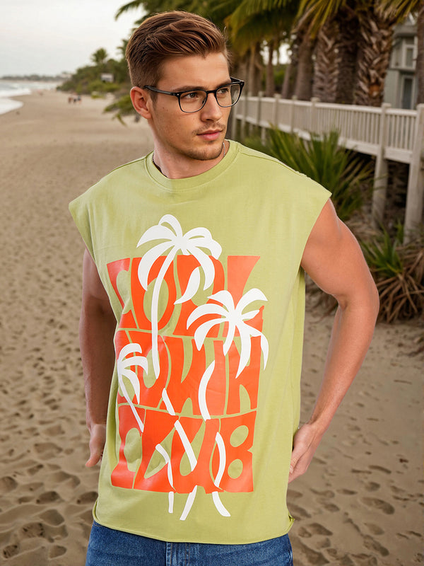Men Green Sleeveless Graphic Print Oversized T Shirt