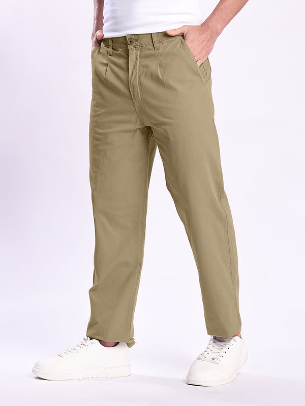 Men Beige Striaght Fit Pleated Chino Trousers