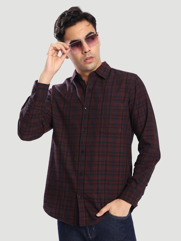 Men Navy Blue & Maroon Checked Pure Cotton Shirt
