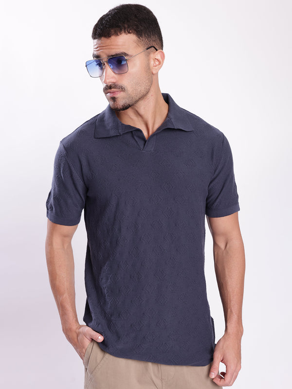 Men Navy Structured Knit Polo Tshirt