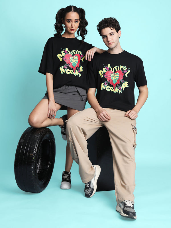 Men Oversize Fit Black Halloween Beautiful Night Mare Printed Tee