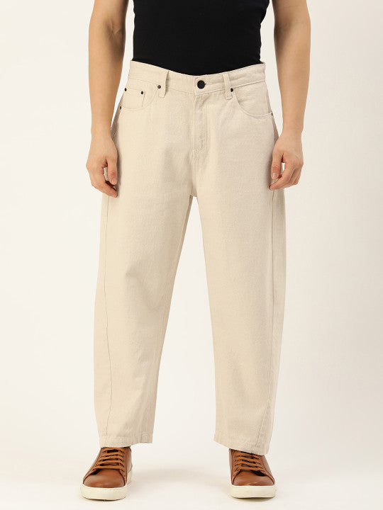 Men Ecru Loose Cropped Jeans