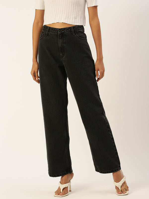 Women Black Solid Straight Fit Denim Jeans