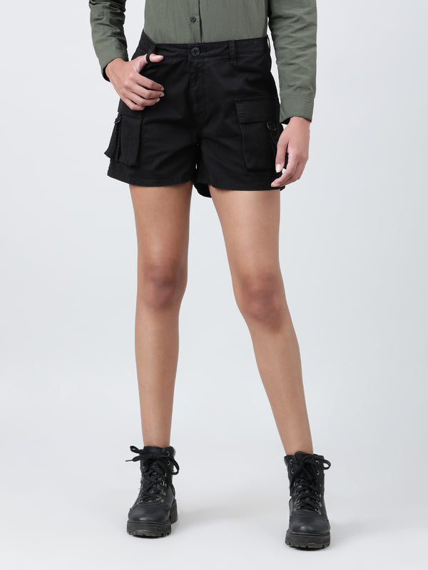 Women Black High-Rise Solid Cargo Shorts