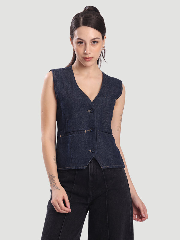 Women Denim V neck Blue Wasit coat