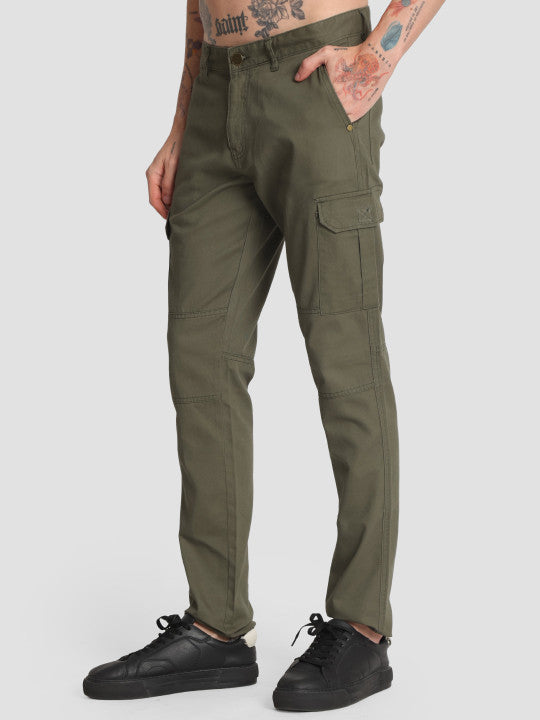 Men Olive Slim Fit Pure Cotton Cargos Trousers