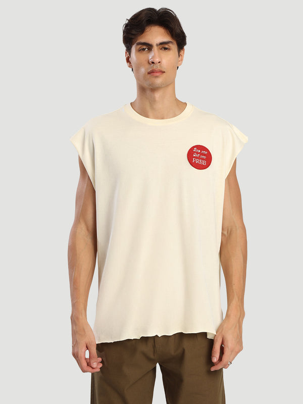 Men Cream coloured Sleeveless Oversized T Shirt with embroidery badge