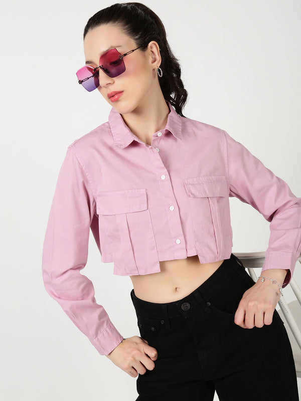Women Full sleeve crop shirt with Big Pockets