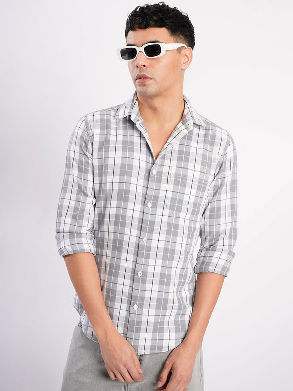 Men Grey Checked Single Pocket Shirt