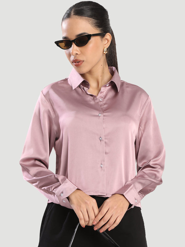 Women Slim Fit Satin Crop Party Shirt